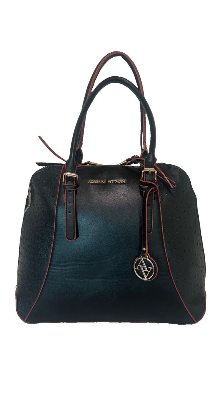 Adrienne Vittadini Ostrich Collection Dome Satchel Medium Black Zip